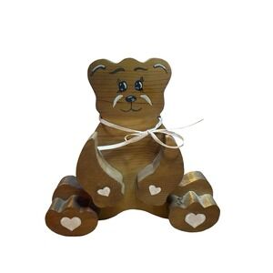 Vintage Handcrafted Wooden Teddy Bear Figurine Heart Design grandma core country